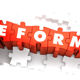 Reforms - White Word on Red Puzzles on White Background. 3D Render.