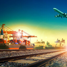 railway transport in import export shipping port and cargo plane logistic flying above use as freight and transportation business service