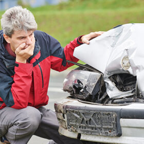 Adult upset driver man in front of automobile crash car collision accident in city