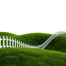 3d rendering of a grass field with a white picket fence