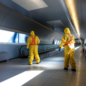 Otopeni, Romania - February 25, 2020: People wearing protective suits spray disinfectant chemicals on the Henri Coanda International Airport to prevent the spreading of the coronavirus.