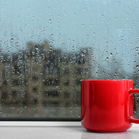 Cup of hot drink on windowsill, space for text. Rainy weather