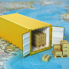 Open container with cardboard boxes on the world map. Transportation concept.