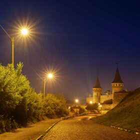 Night landscape with a road leading to the old fortress. Lamplight in the street. Historic Landmark. Old town of Kamenetz-Podolsk, Ukraine, Europe