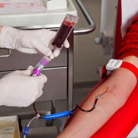 nurse and patient blood samples. donated blood in the blood lab.