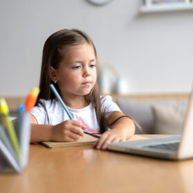 Portrait of happy small pupil learning at home. Smiling little child girl enjoying doing lessons in living room. Smart kid schoolgirl looking at camera, studying remotely online.