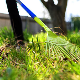 Spring cleaning in the garden, closeup rake cleaning green grass from dry grass and leaves