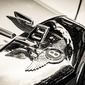 BERLIN, GERMANY - MAY 17, 2014: Hood ornament of the full-size luxury car Bentley T2. Black and white. 27th Oldtimer Day Berlin - Brandenburg