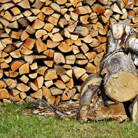 Stack of fresh firewood. Chopped wood.