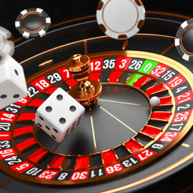 Casino background. Luxury Casino roulette wheel on black background. Casino theme. Close-up white casino roulette with a ball, chips and dice. Poker game table. 3d rendering illustration